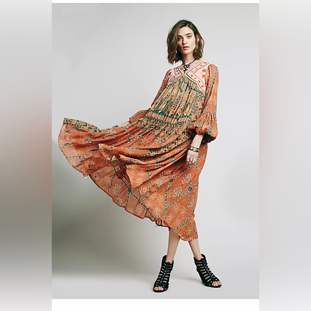 Free People Rust Orange Floral Boho Long Sleeve Maxi Dress